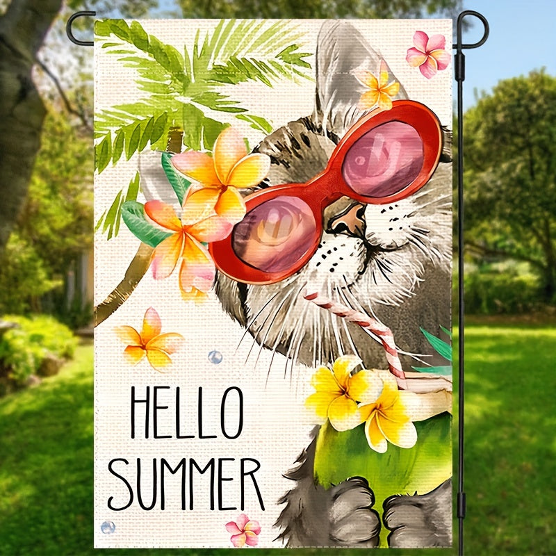 Hello Summer Floral Cat Garden Flag