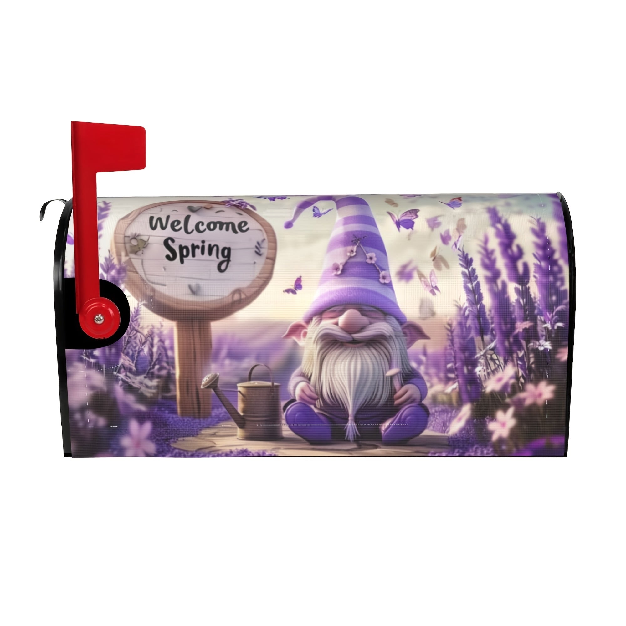 Garden Gnome Lavender Flowers Mailbox Cover