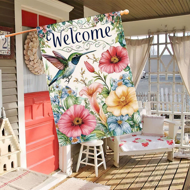 Welcome Spring Hummingbird & Flowers Garden Flag