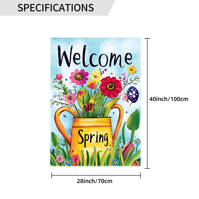 Welcome Spring Kettle Flowers Double-Sided Garden Flag