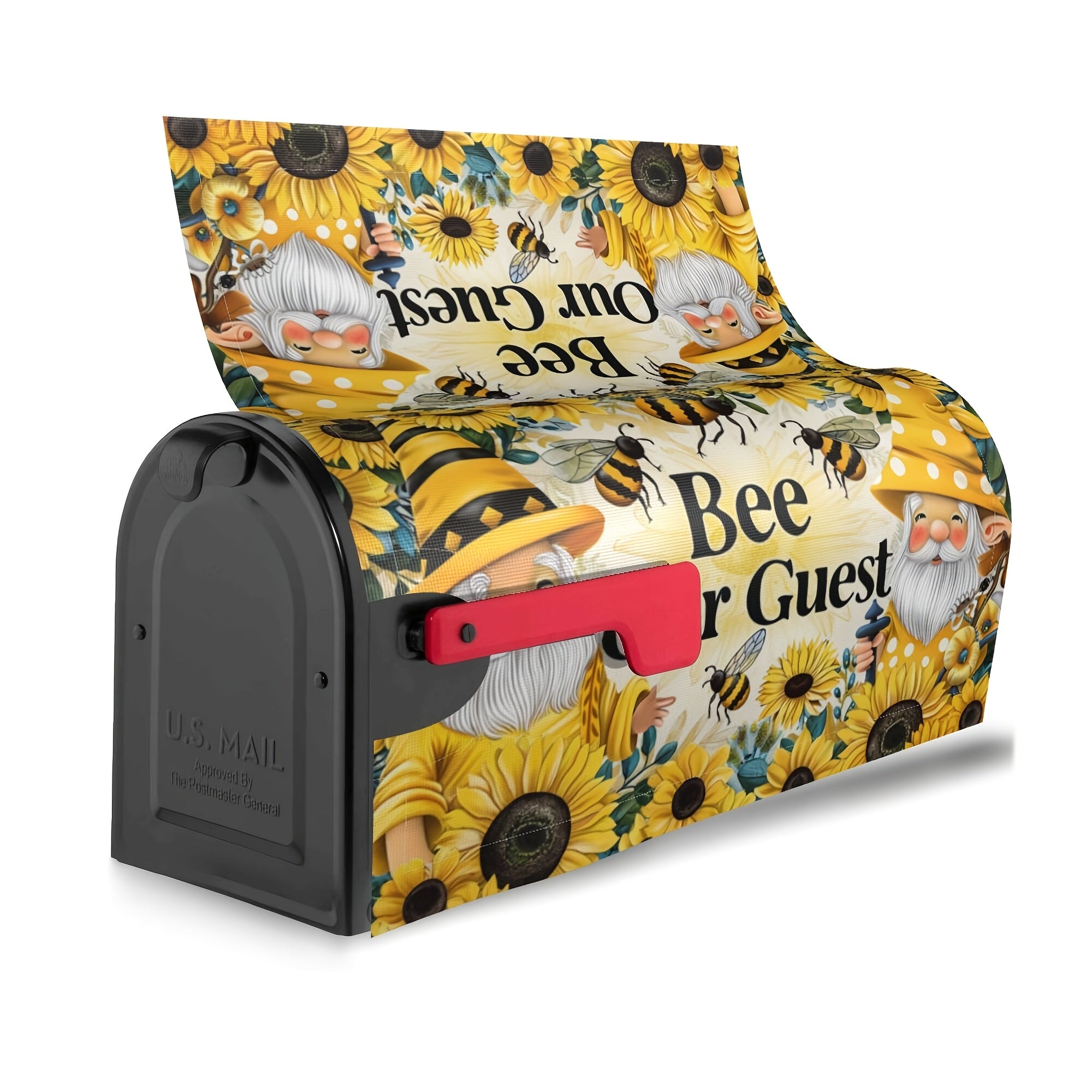 "Bee Our Guest" Mailbox Cover with Cute Gnomes and Sunflowers Design