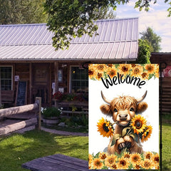 Rustic Highland Cow Sunflower Garden Flag