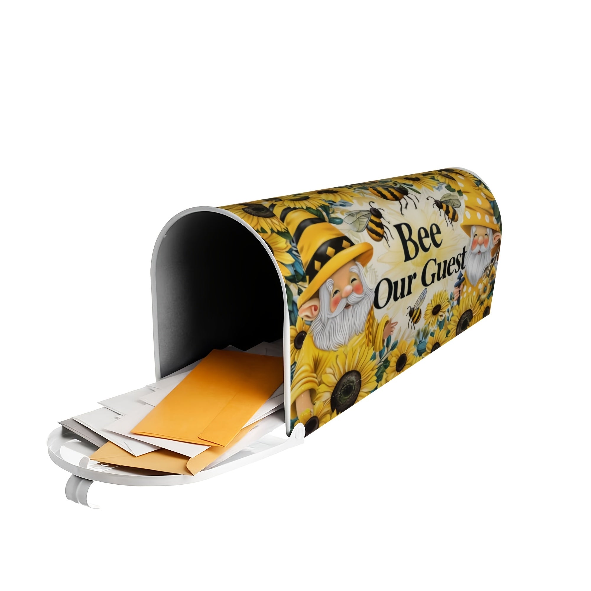 "Bee Our Guest" Mailbox Cover with Cute Gnomes and Sunflowers Design