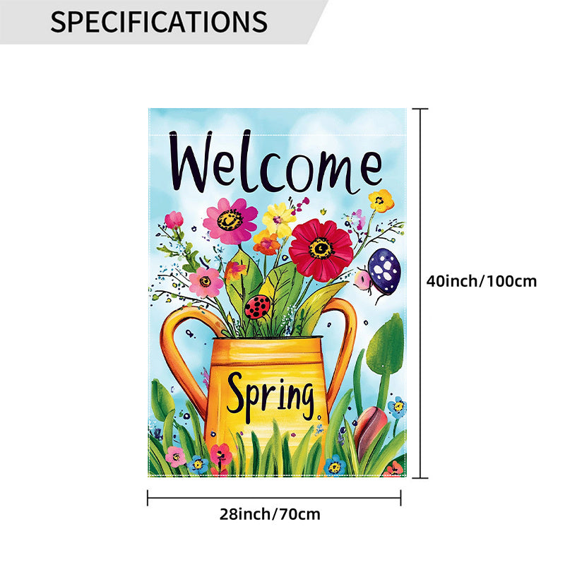 Welcome Spring Kettle Flowers Double-Sided Garden Flag