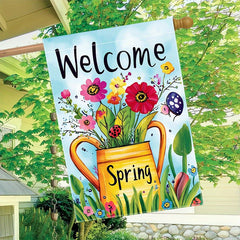 Welcome Spring Kettle Flowers Double-Sided Garden Flag