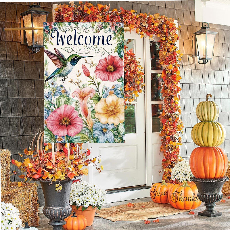 Welcome Spring Hummingbird & Flowers Garden Flag