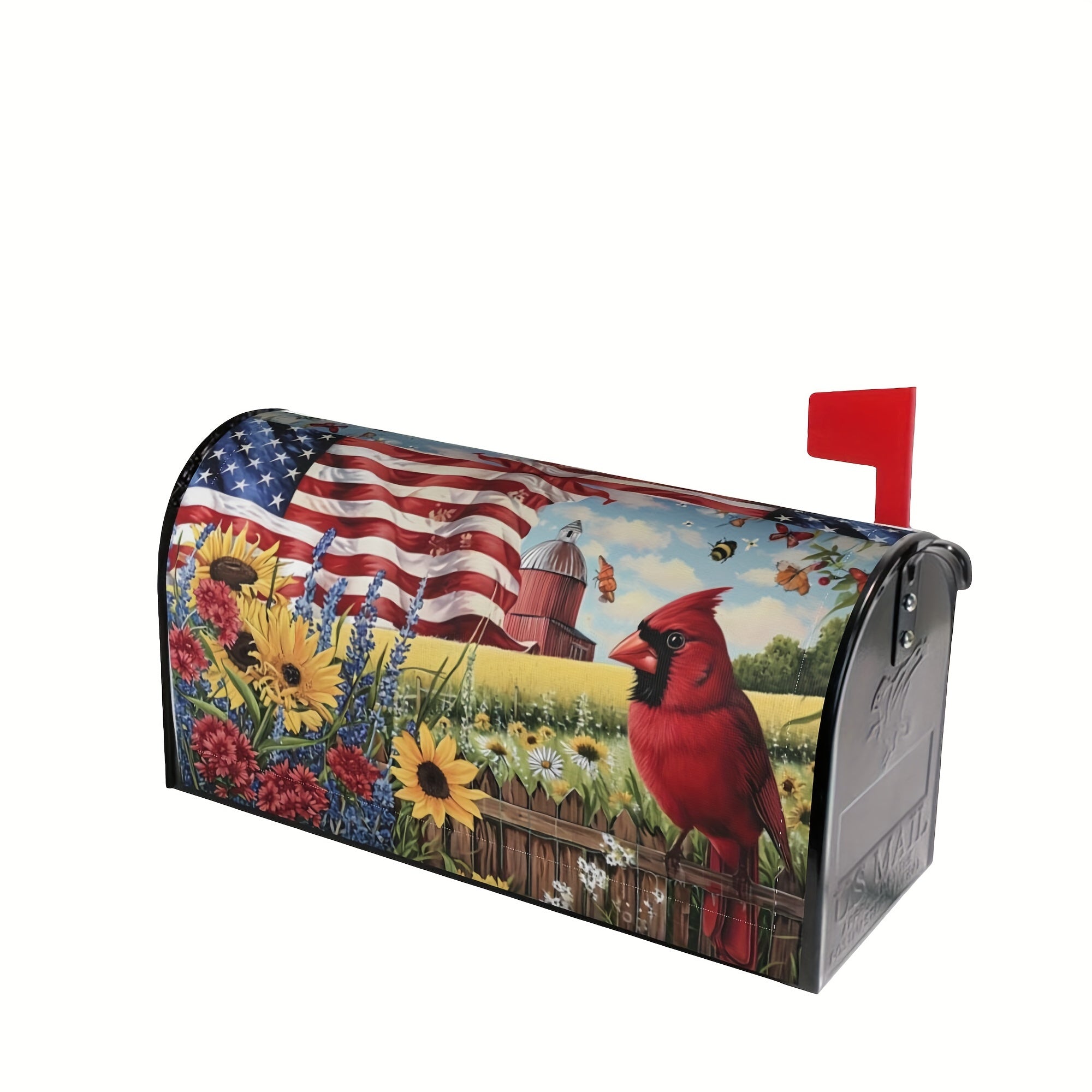 American Flags Sunflowers And Cardinal Bird Mailbox Cover