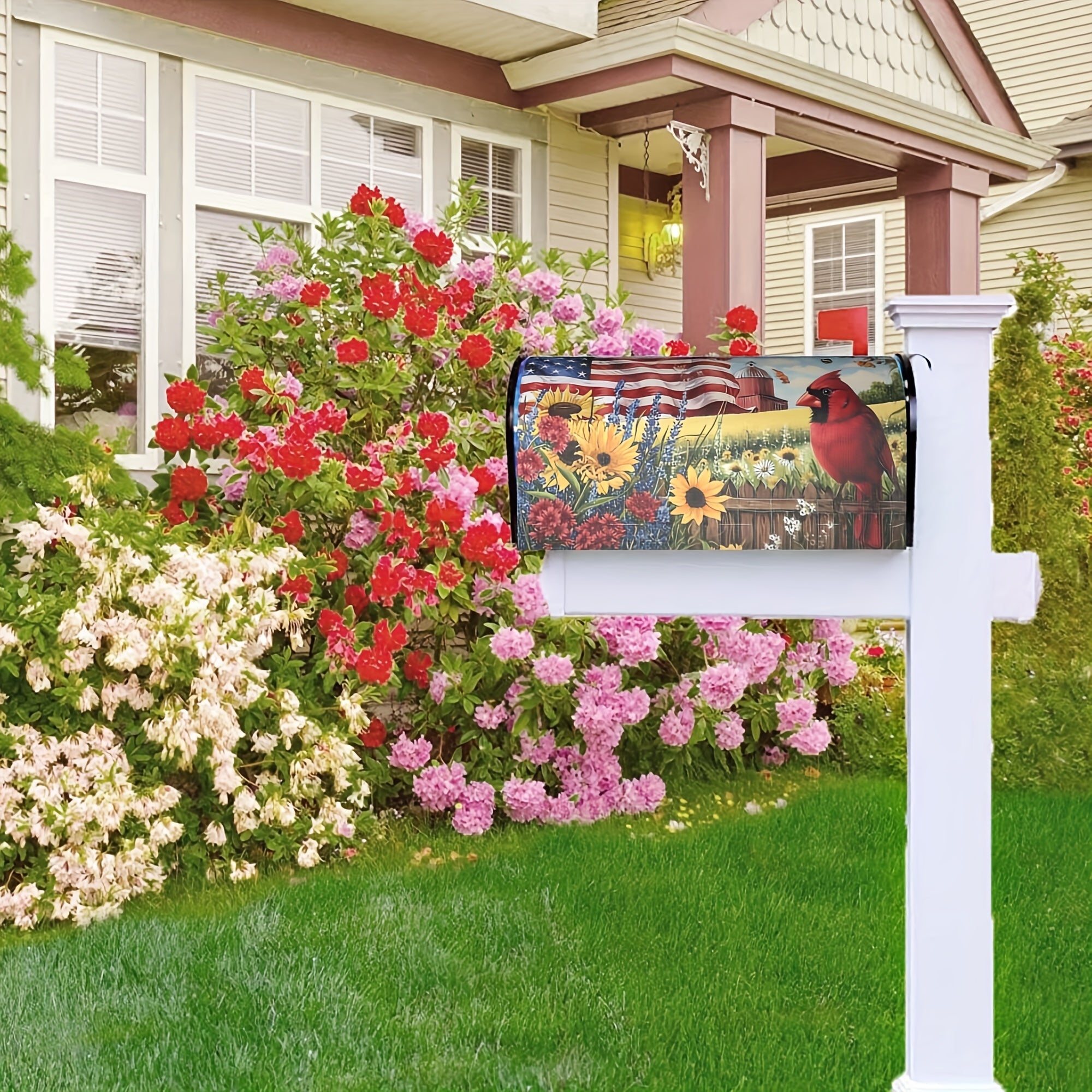 American Flags Sunflowers And Cardinal Bird Mailbox Cover