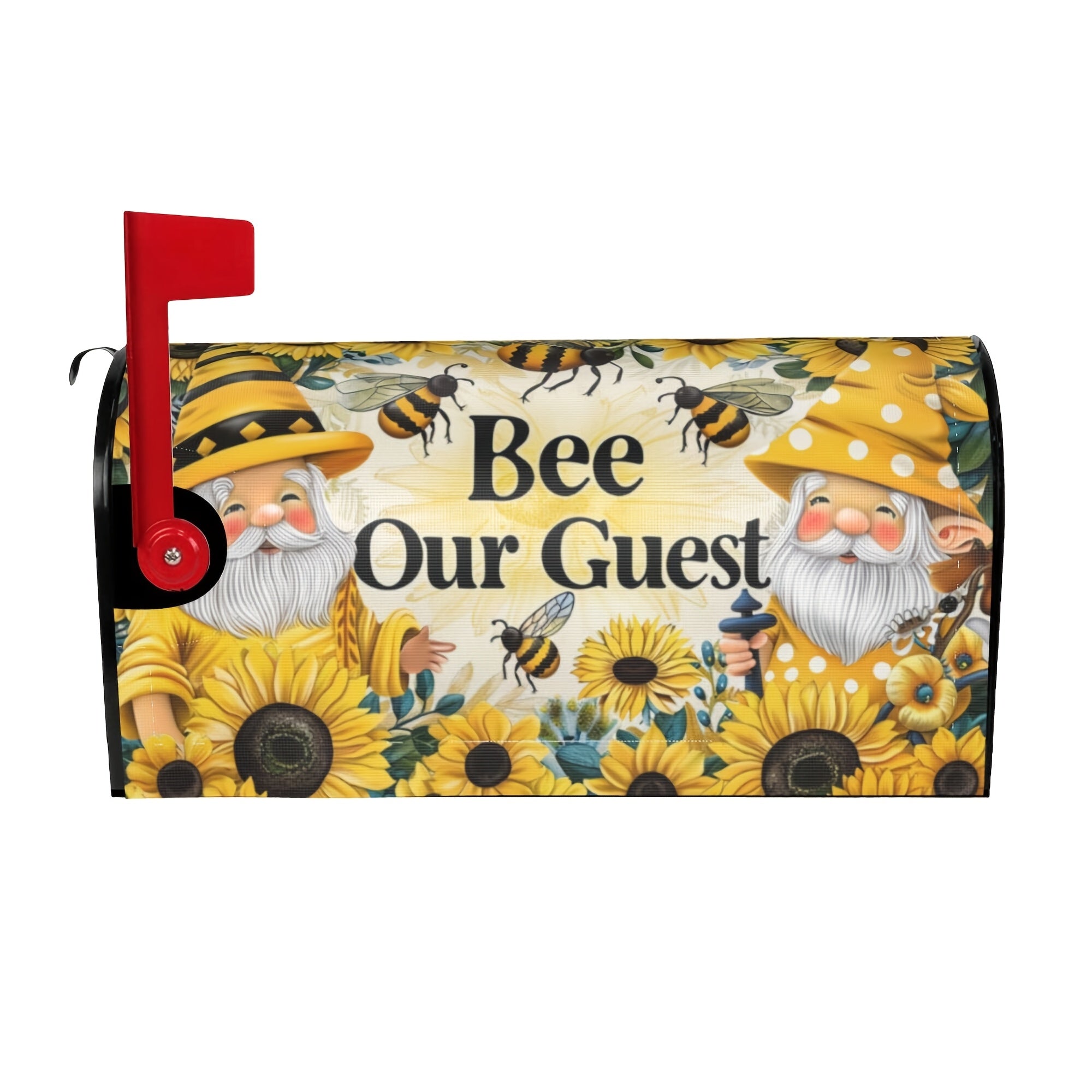 "Bee Our Guest" Mailbox Cover with Cute Gnomes and Sunflowers Design