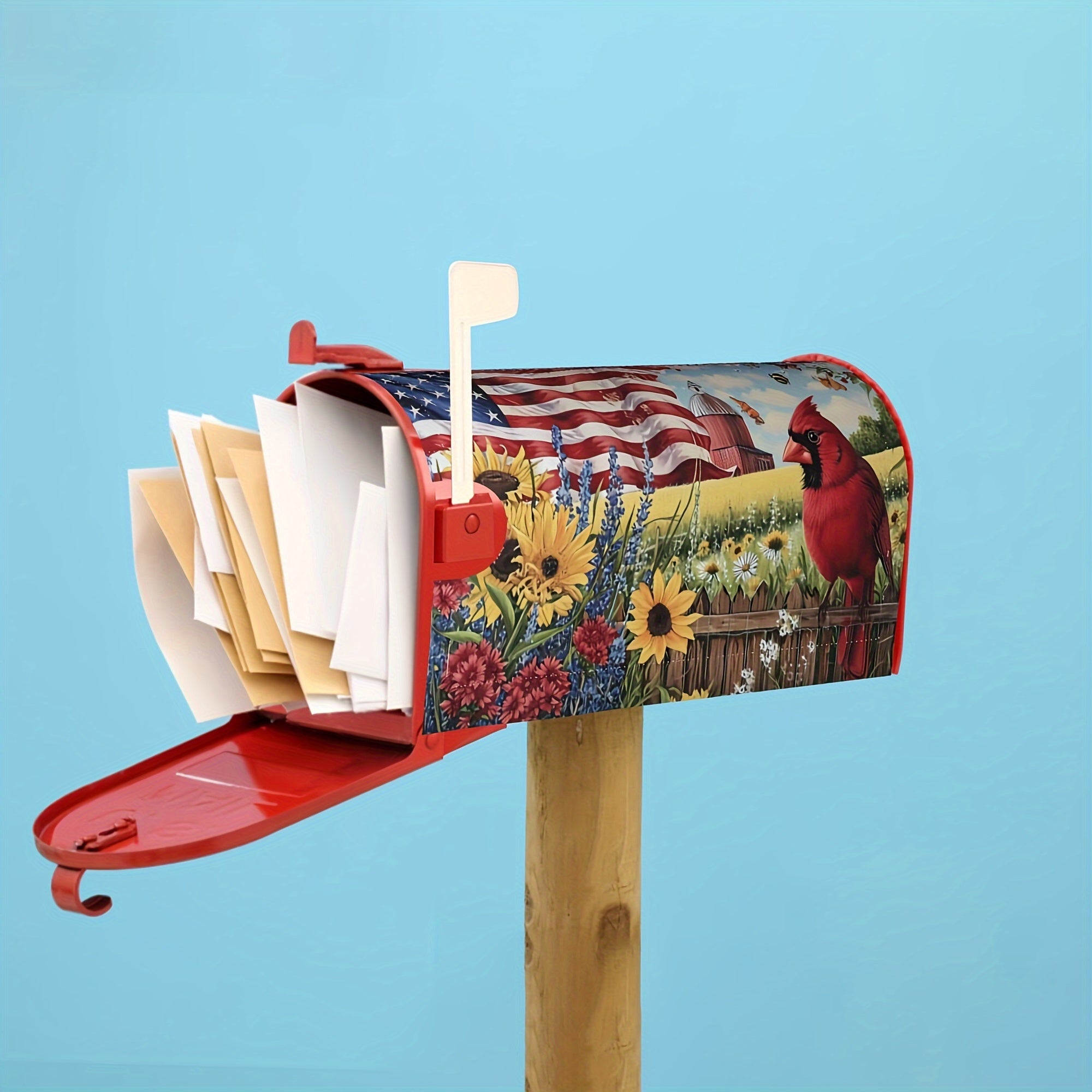 American Flags Sunflowers And Cardinal Bird Mailbox Cover