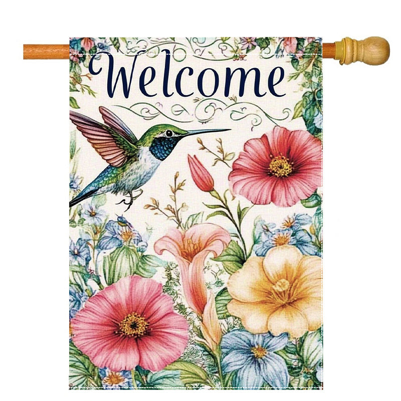 Welcome Spring Hummingbird & Flowers Garden Flag