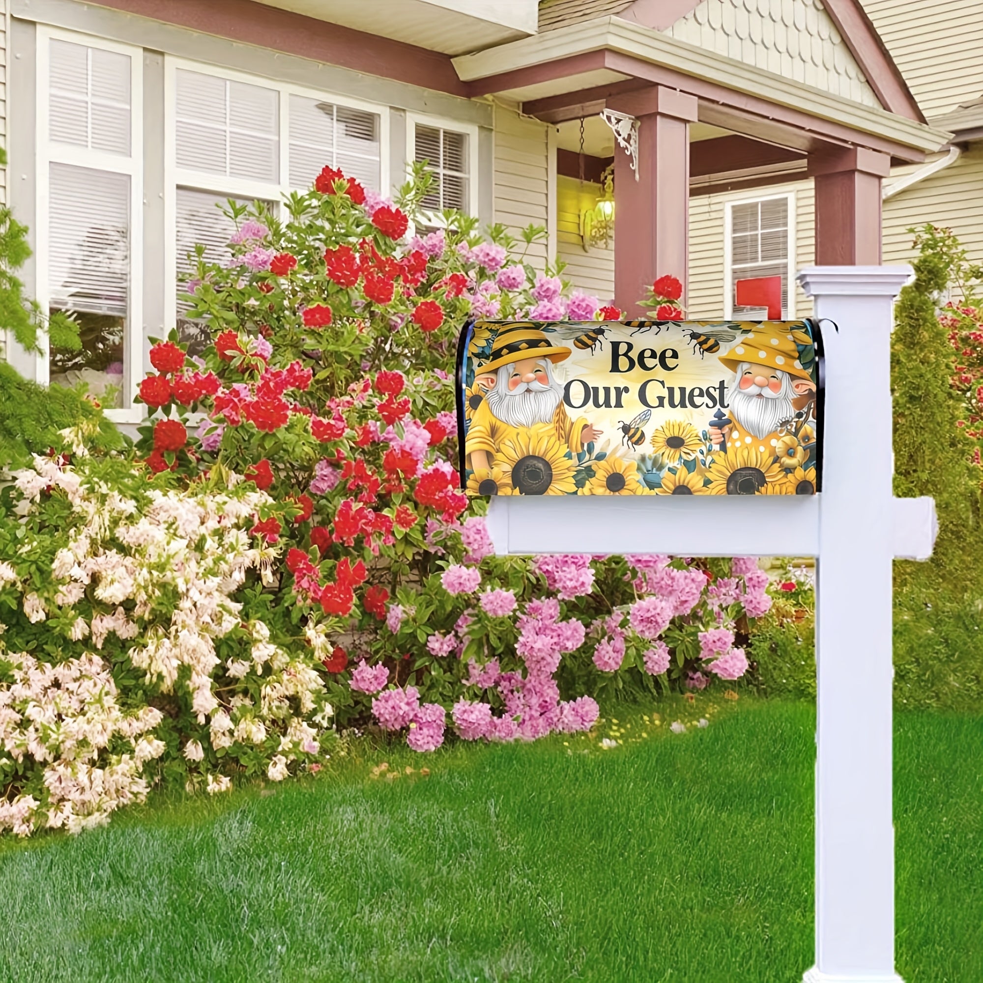 "Bee Our Guest" Mailbox Cover with Cute Gnomes and Sunflowers Design