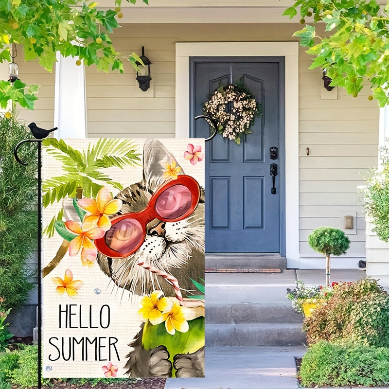 Hello Summer Floral Cat Garden Flag