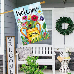 Welcome Spring Kettle Flowers Double-Sided Garden Flag