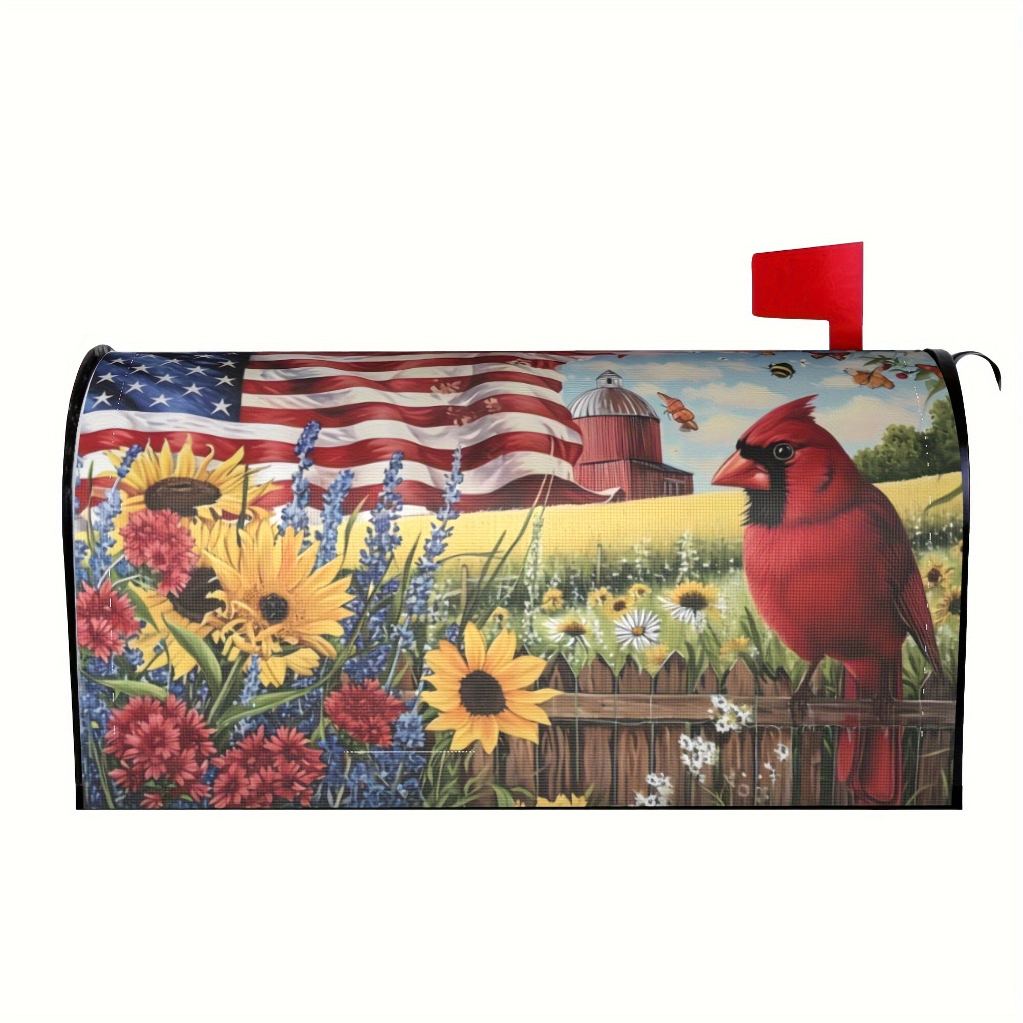 American Flags Sunflowers And Cardinal Bird Mailbox Cover