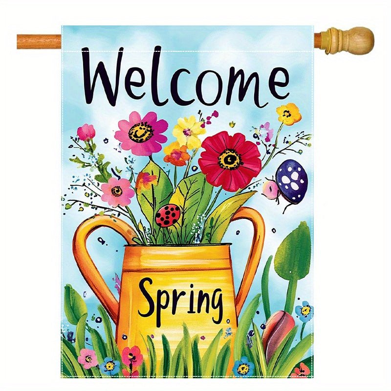 Welcome Spring Kettle Flowers Double-Sided Garden Flag