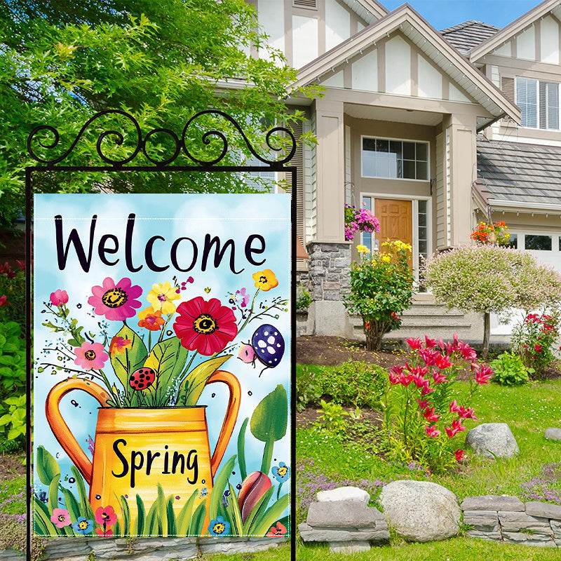 Welcome Spring Kettle Flowers Double-Sided Garden Flag