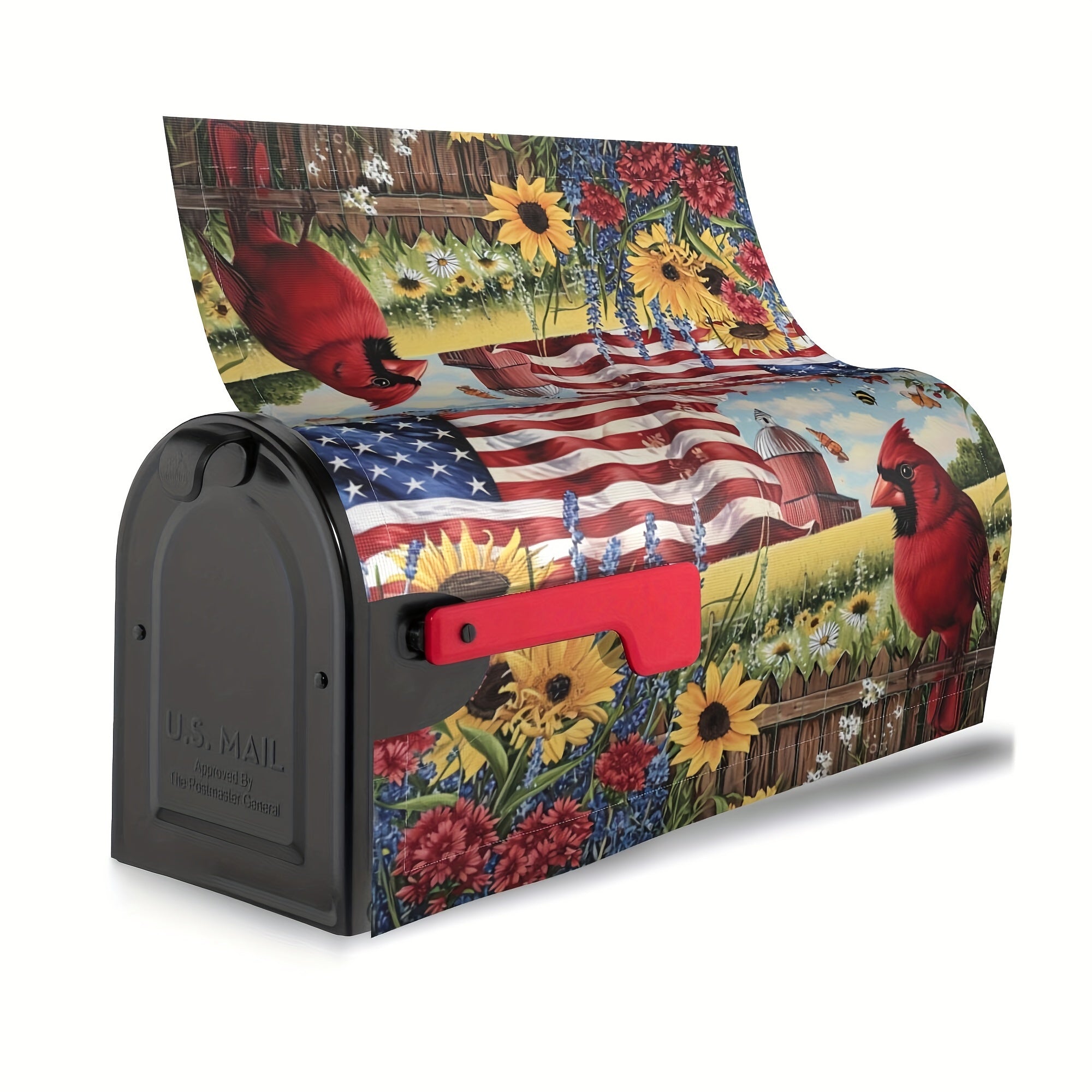 American Flags Sunflowers And Cardinal Bird Mailbox Cover