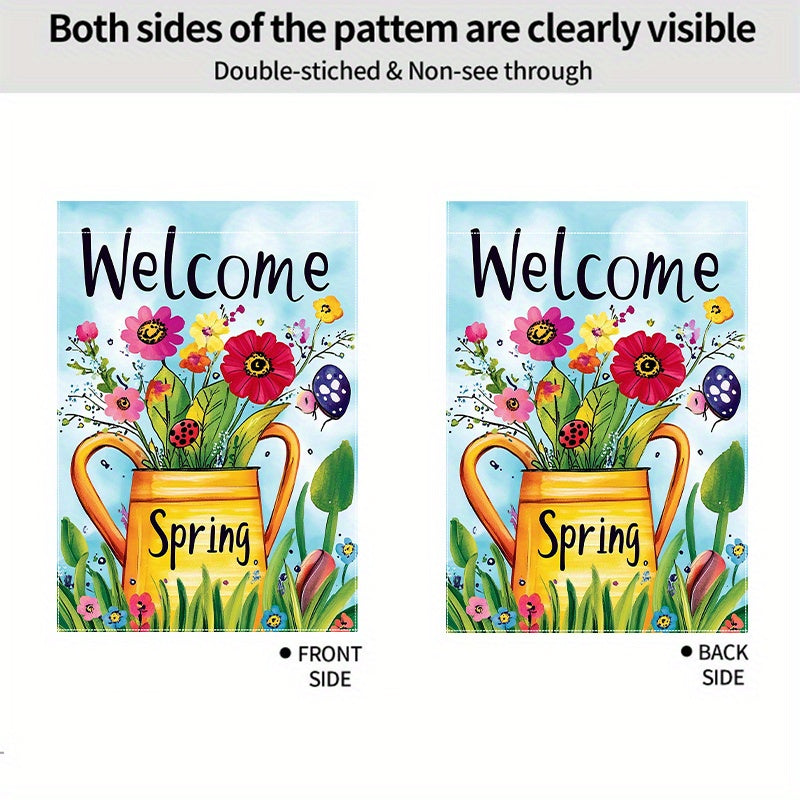 Welcome Spring Kettle Flowers Double-Sided Garden Flag