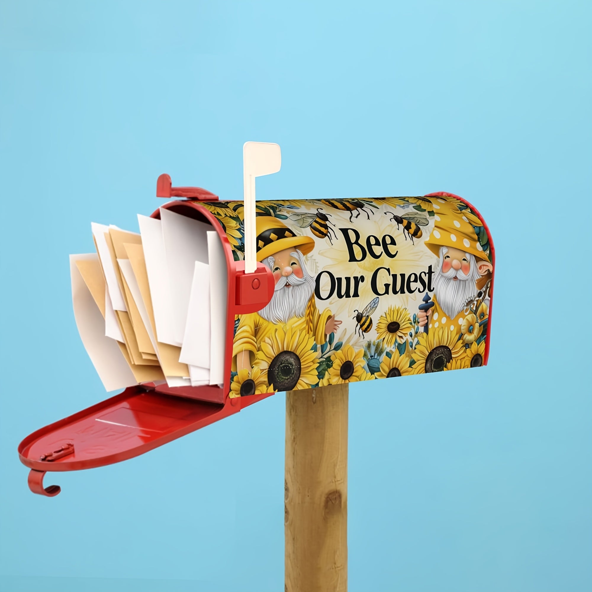 "Bee Our Guest" Mailbox Cover with Cute Gnomes and Sunflowers Design