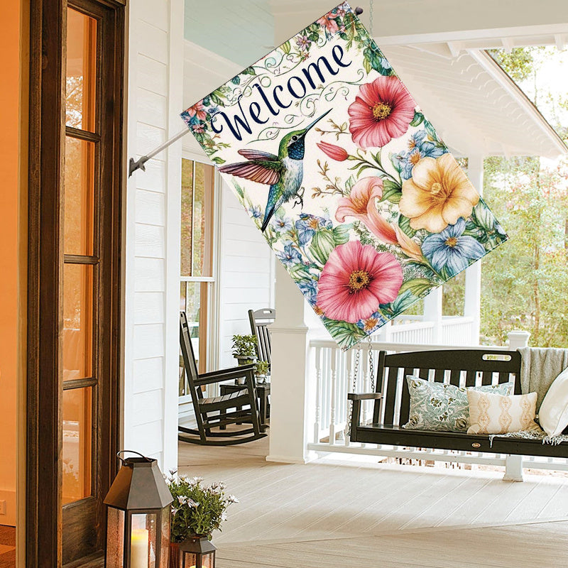 Welcome Spring Hummingbird & Flowers Garden Flag