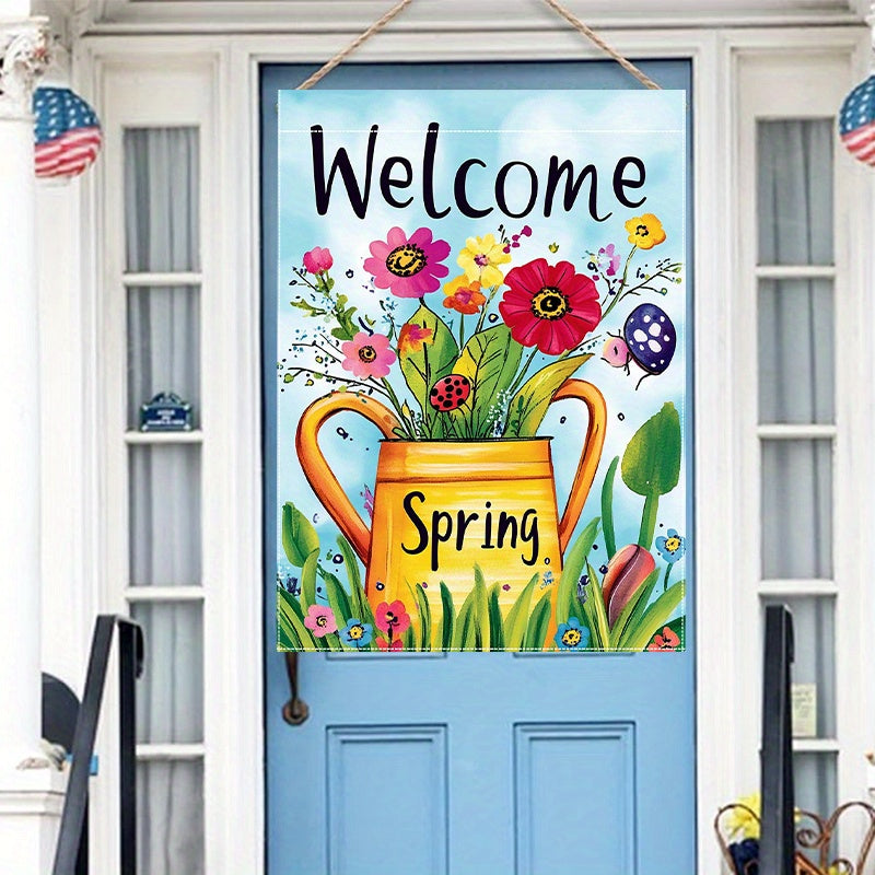 Welcome Spring Kettle Flowers Double-Sided Garden Flag