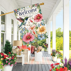 Welcome Spring Hummingbird & Flowers Garden Flag