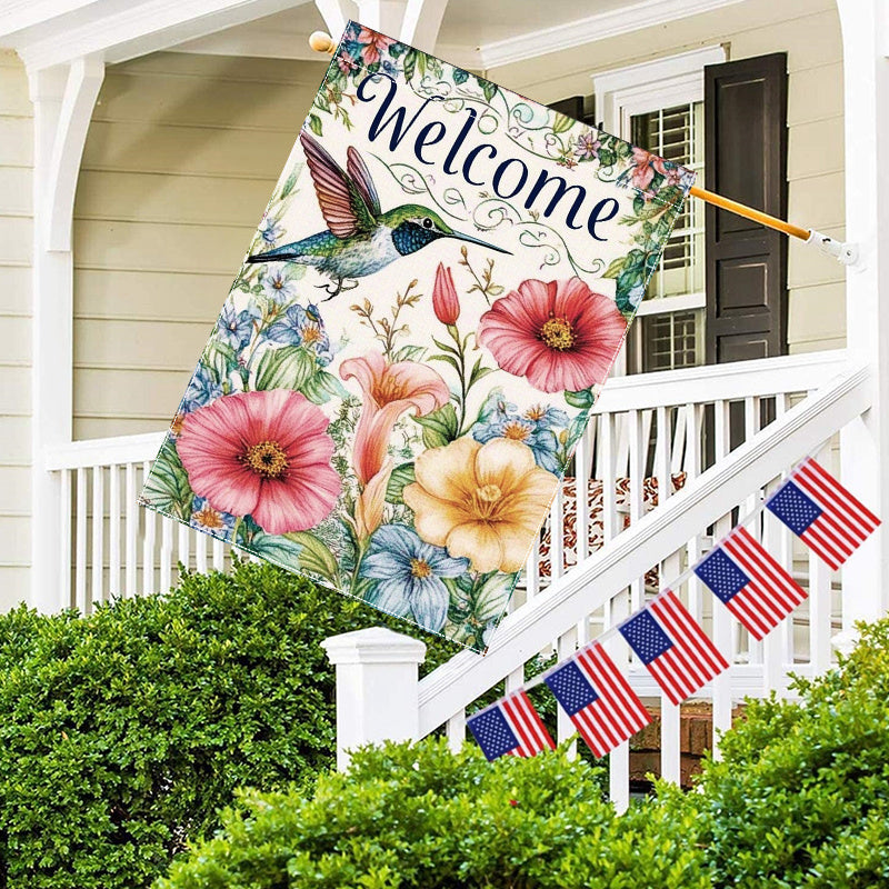 Welcome Spring Hummingbird & Flowers Garden Flag