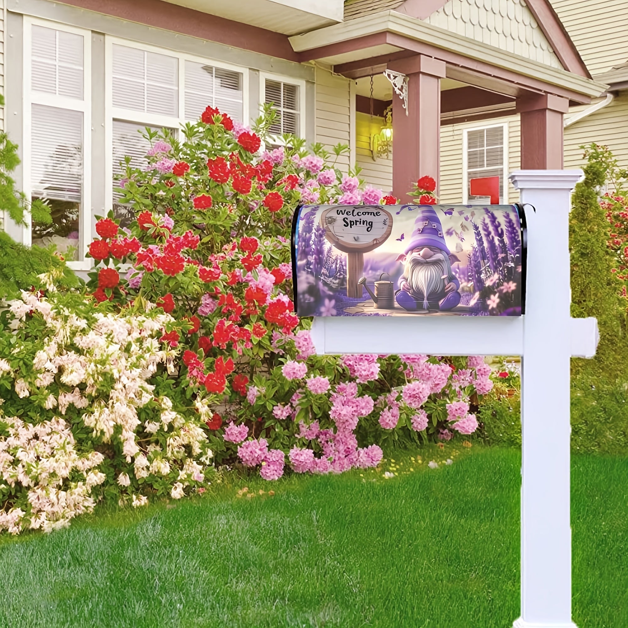 Garden Gnome Lavender Flowers Mailbox Cover