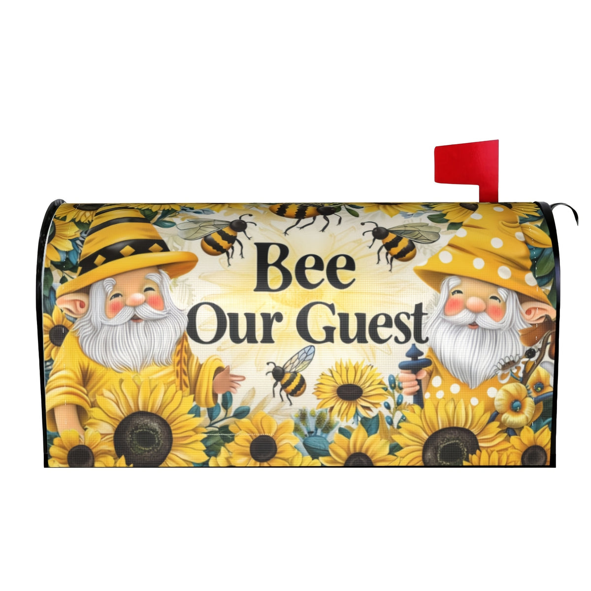 "Bee Our Guest" Mailbox Cover with Cute Gnomes and Sunflowers Design