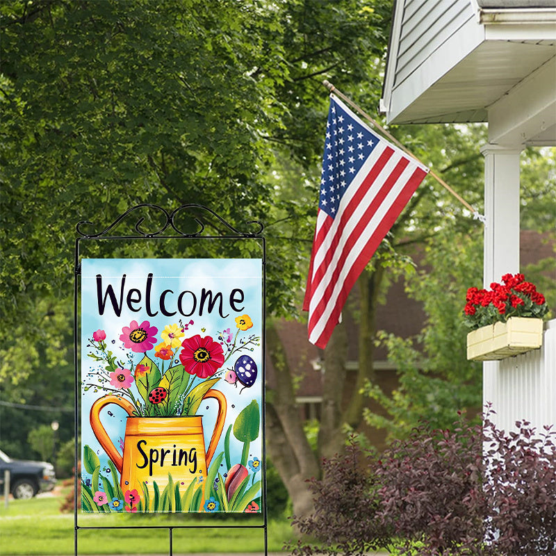 Welcome Spring Kettle Flowers Double-Sided Garden Flag