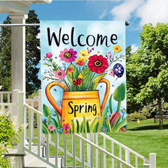 Welcome Spring Kettle Flowers Double-Sided Garden Flag