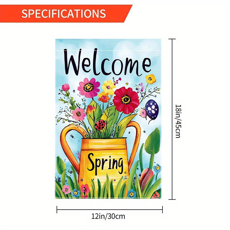 Welcome Spring Kettle Flowers Double-Sided Garden Flag