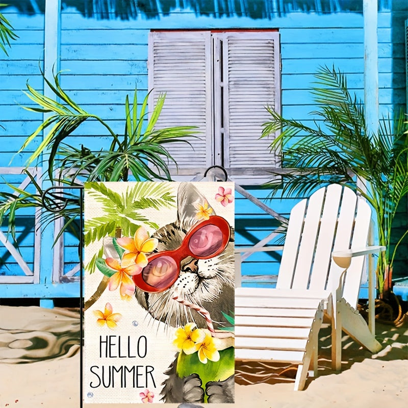 Hello Summer Floral Cat Garden Flag